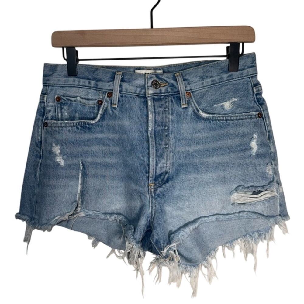 AGOLDE Women's thrashed distressed high waist light wash denim shorts 30